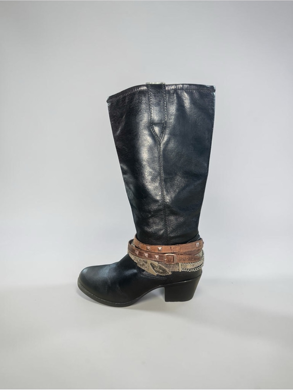 Durango Crush Accessorized Western Slouch Boots Black Leather Moto Vibes Sz 9.5